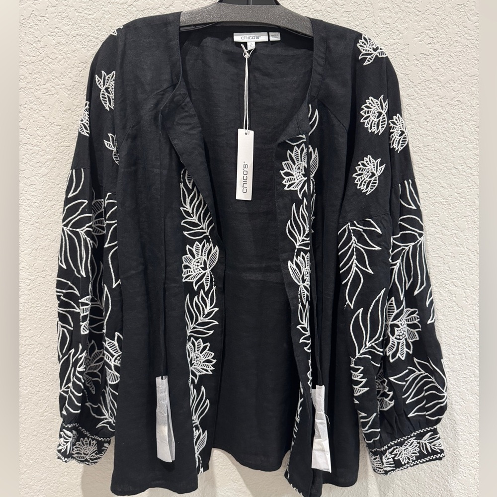 Chico’s Black Embroidered Linen Jacket Blouse Topper Size 2 (L) NWT - Picture 1 of 12